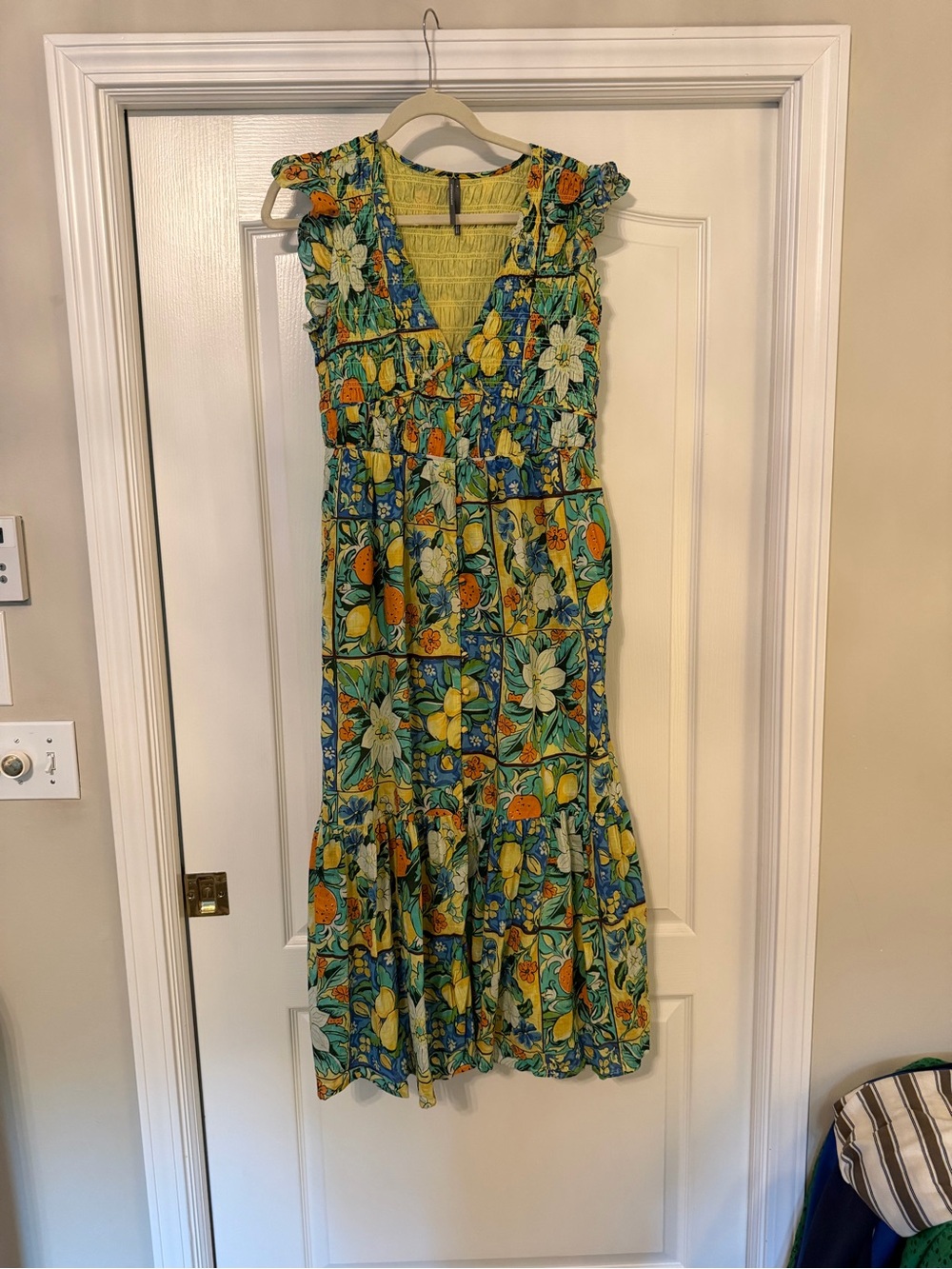Anthropologie Peregrine Yellow and Blue Floral Lemon Midi Dress